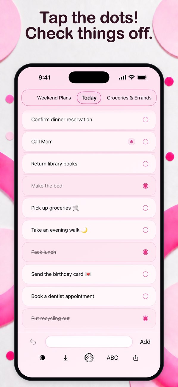 DotList App Store screenshot showing a pink checklist with tappable dot controls