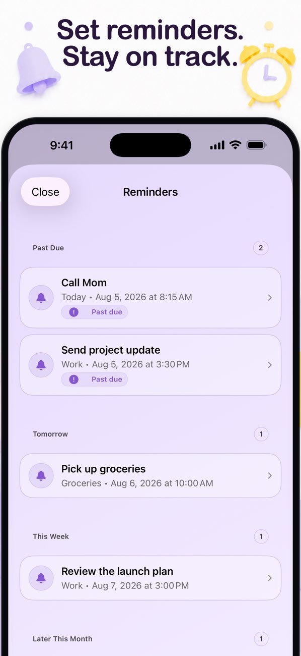 DotList App Store screenshot showing reminders organized by time period