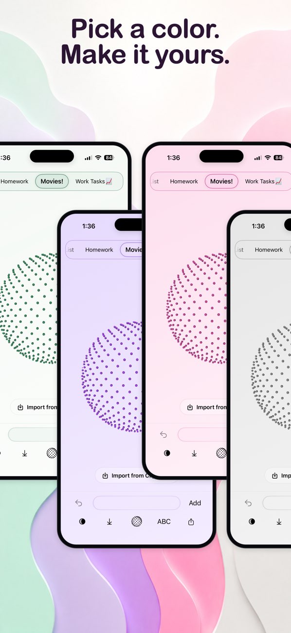 DotList App Store screenshot showing four theme colors on stacked iPhones