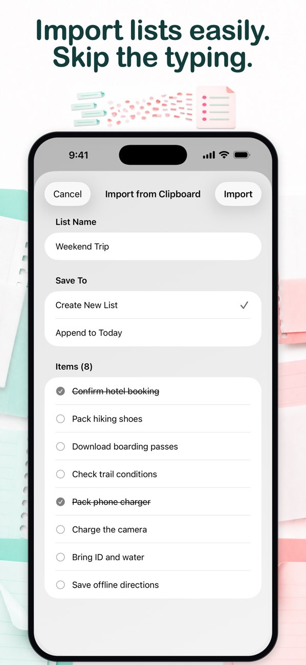 DotList App Store screenshot previewing a clipboard checklist before import