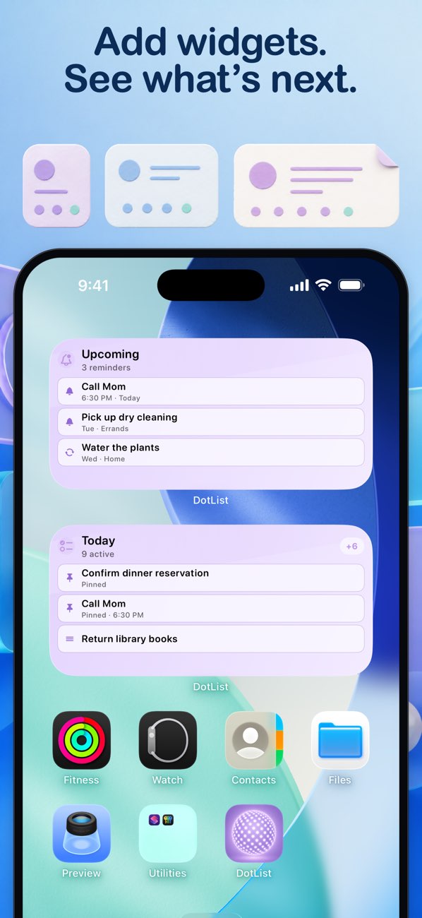 DotList App Store screenshot showing Today and Upcoming Home Screen widgets