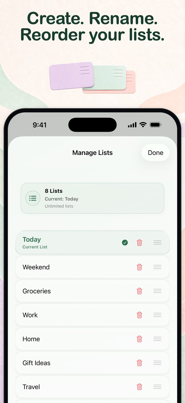 DotList App Store screenshot showing the Manage Lists screen with rename and reorder controls