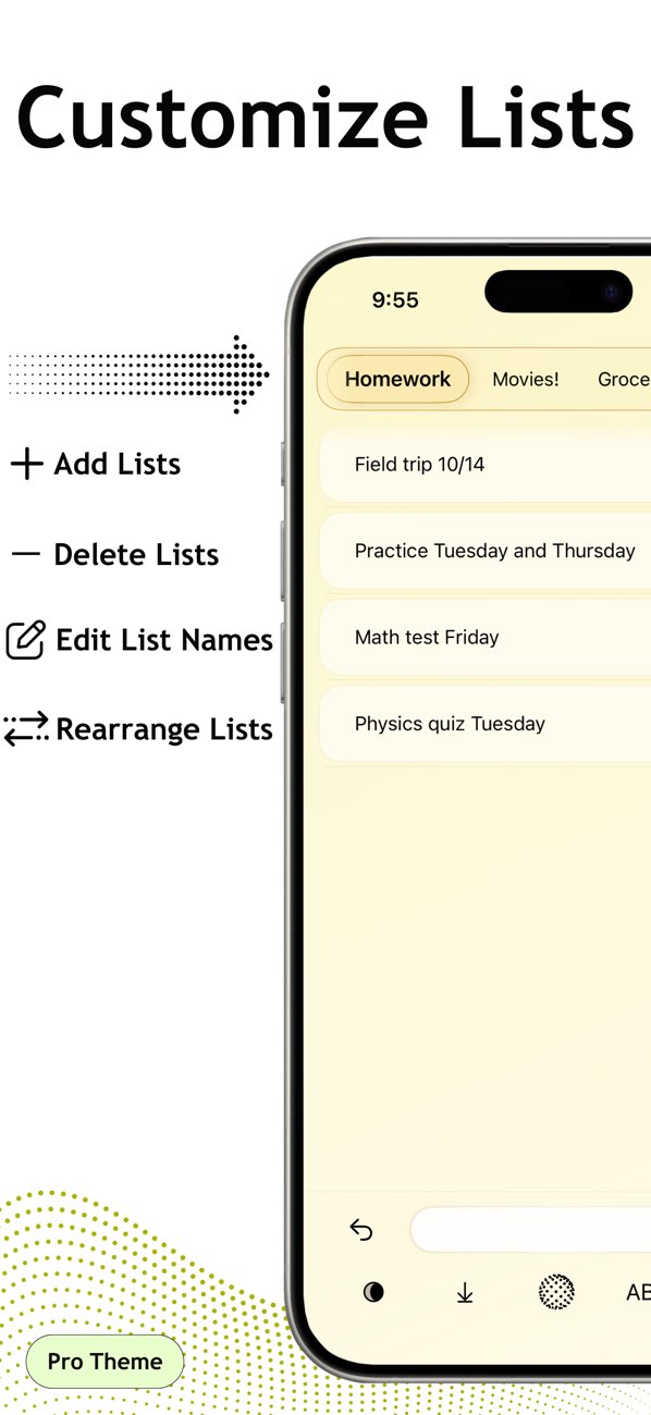 DotList app showing custom list management