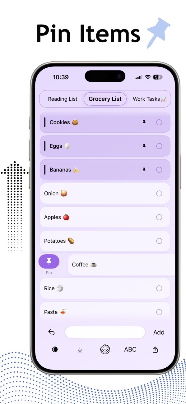 DotList screen showing pinned list items