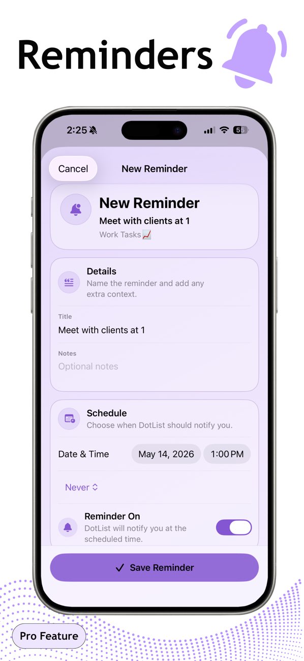 DotList screen showing item reminders