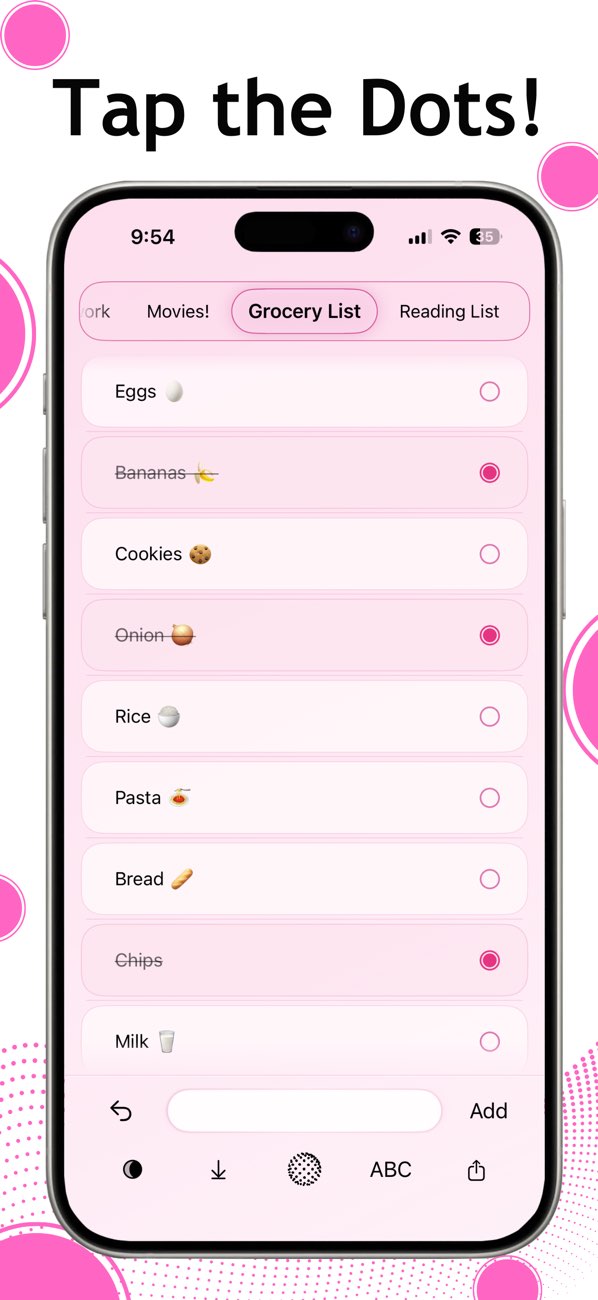 DotList checklist screen showing tappable dot items