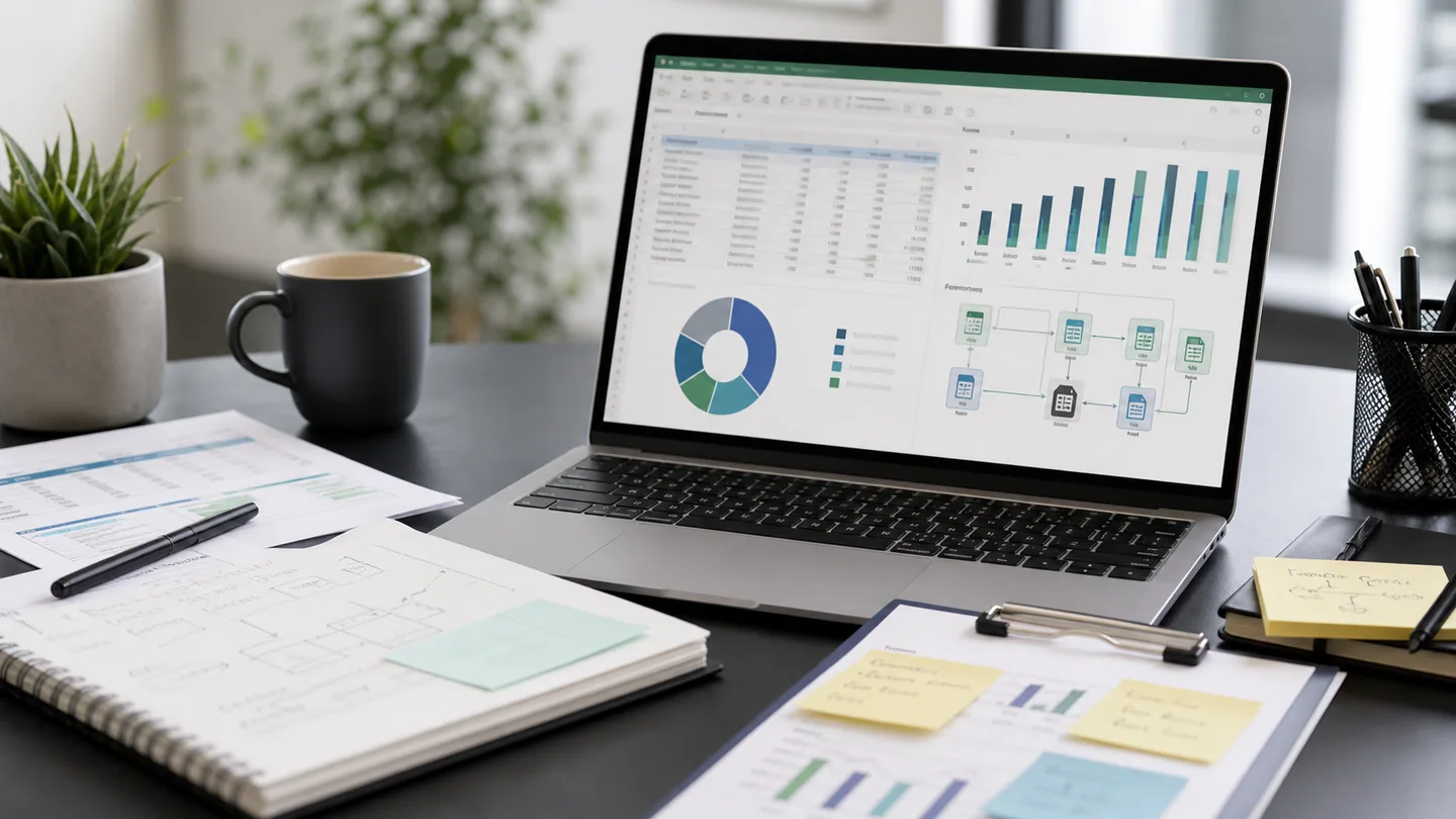 Workspace with spreadsheets, reporting charts, workflow notes, and planning materials