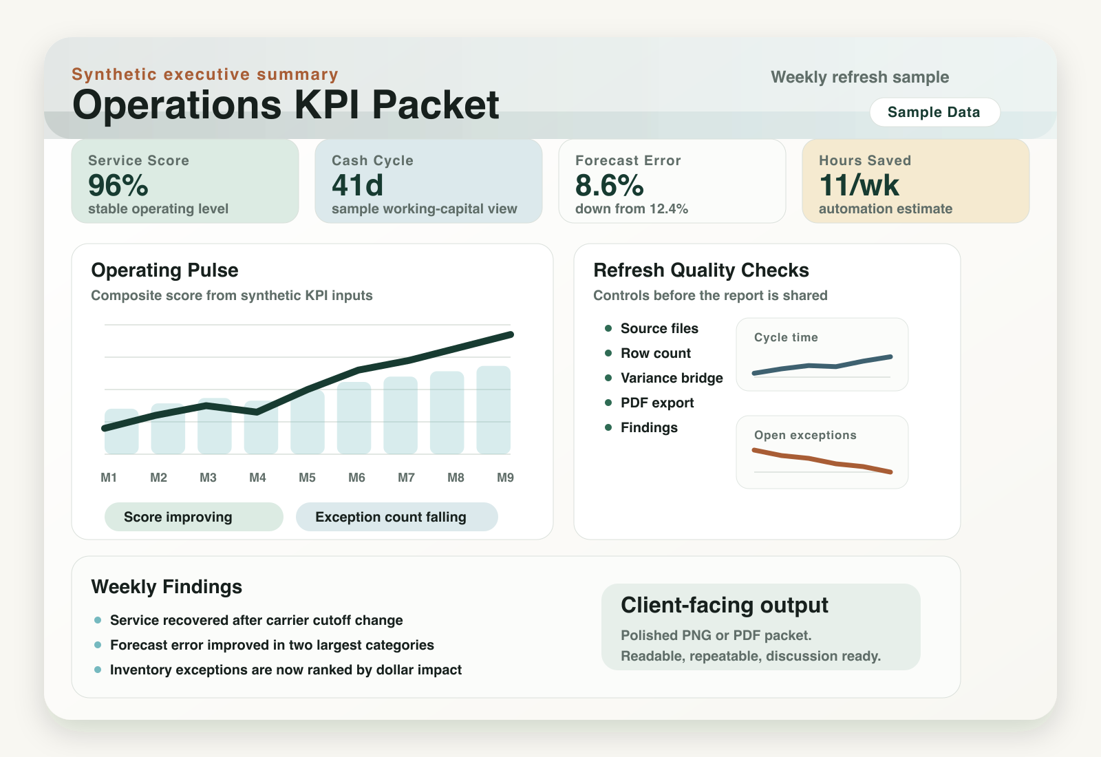 Synthetic operations KPI packet preview with operating pulse, quality checks, weekly findings, and client-facing output notes
