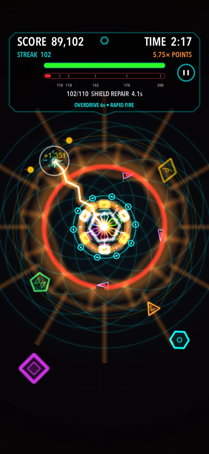 Taptagon's glowing core firing at approaching enemies with Overdrive active